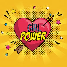 a heart with the word girl power in it and stars around it on a yellow background