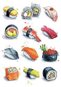 an illustration of sushi and other foods on a white background with watercolors