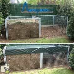 two pictures of a fenced in area with grass and hay inside the enclosures