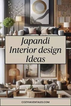 the words japan interior design ideas are in black and white, with an image of a living