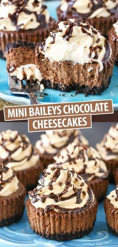 mini bailey's chocolate cheesecakes on a blue plate with the title above it