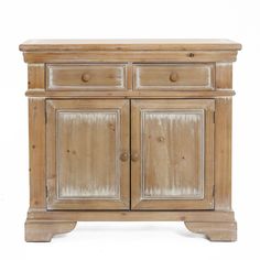 an old wooden cabinet with two doors and drawers on one side, against a white background