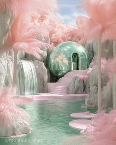 an artistic scene with pink and white feathers surrounding the waterfall, water feature and pool