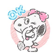 a drawing of a dog with a pink bow on it's head and the word ok written in blue