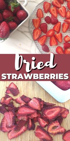 sliced strawberries on a wire rack + dehydrated strawberries Dry Strawberries, Oven Dried Strawberries, Dehydrated Recipes, Dehydrated Strawberries, Perfect Video, Fruit Chip