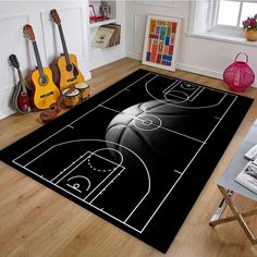 a basketball court rug in the middle of a living room with guitars and guitars