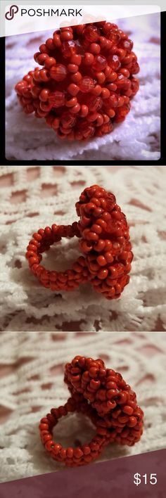 Handmade Beaded Ring (Red) This handmade ring is made of red beads. It's unique and will fit ring-size 4-6. It's new, but due to being handmade, it does not have a tag.  I'm selling several other handmade beaded rings, each a different style/design/color and various sizes, so check them out.  Bundle & save or make me an offer. Jewelry Rings Red Beaded Rings As Gift, Red Beaded Rings For Gifts, Red Beaded Rings Perfect As Gifts, Unique Beaded Rings For Gifts, Beaded Rings For Jewelry Making, Red Jewelry With Bead Caps, Unique Adjustable Beaded Rings, Red Bead, Beaded Rings