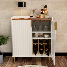 a cabinet with wine glasses and bottles in it next to a rug on the floor