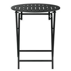 an outdoor table with black metal legs