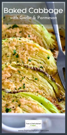 baked cabbage with garlic and parmesan in a white casserole dish