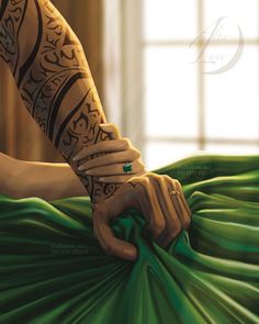 a painting of a woman's arm with tattoos on it and a green dress