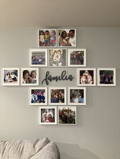 a wall with many pictures hanging on it and the word amelie spelled in cursive writing