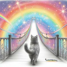 a drawing of a cat standing on a bridge looking at the stars in the sky