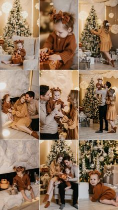 a collage of photos showing two people and a baby in front of a christmas tree