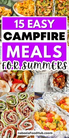 camping meals with text overlay that reads, 15 easy campfire meals for summer