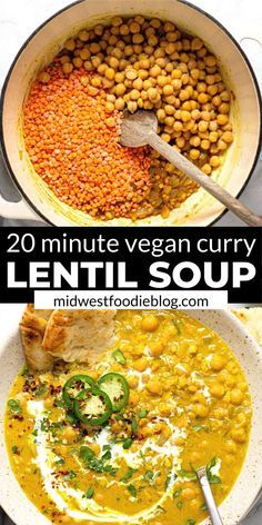 lentil soup in a white bowl with the title text overlay reads 20 minute vegan curry lentil soup