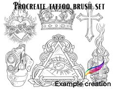 a set of tattoos and other items with the words, create tattoo brush set example creation