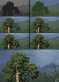 four different views of a tree with mountains in the background