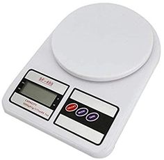 the electronic scale is white and has buttons on it