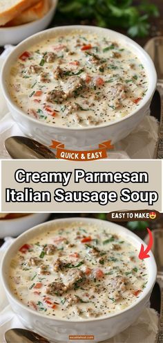 two bowls of creamy parmesan italian sausage soup with bread in the background and text overlay