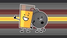 a flag with dark grey-grey , velvet and orange colors, 17 lines altogether, two characters in the middle who are bomb and orange juice from the internet show inanimate insanity. Inanimate Insanity Xenogender, Ship Xenogender, Inanimate Insanity Comedy Gold, Inanimate Insanity Mephone4 X Oj, Xenogender Hoarder Flag, Im Bored