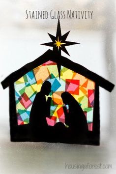 a nativity scene made out of paper with the words, stained glass nativity