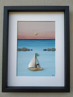 a painting of a sailboat on the water with rocks in the foreground and a full moon above it