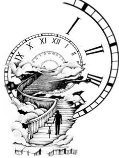 a drawing of a man walking up stairs to a clock with clouds in the background