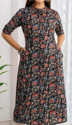 Aline printed cotton kalamkari kurti with pockets Kalamkari Kurta Designs, Aline Kurti Design, Kalamkari Kurti, Kalamkari Kurta, Kurta Designs, Kurti Designs, Womens Clothing Tops, Printed Cotton, Tops & Tees