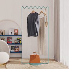 a clothes rack with clothing hanging on it and a handbag in the foreground