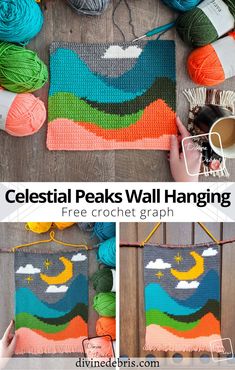 the crochet project shows how to make this celestial peaks wall hanging with yarn