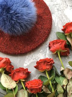 Bright and stylish female winter beret handmade from Soft Donegal Tweed of the color "Exciting Massaka" with blue fur pompom. Winter hat Red Fur Coat, Blue Fur Coat, Blue Tights, Donegal Tweed, Red Tights, Blue Umbrella, Red Pajamas