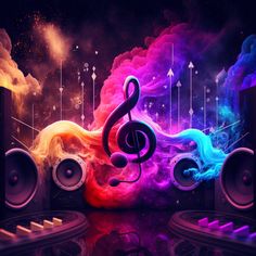 colorful music background with musical notes and piano