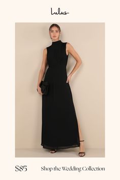 Your energy will be regal in the Lulus Classic Elegance Black Chiffon Sleeveless Mock Neck Maxi Dress! Airy woven chiffon shapes this gorgeous dress that has a mock neckline and a sleeveless bodice with gathered fabric detailing. A lightly elasticized waist tops a stunning maxi skirt complete with twin side slits. Keyhole opening and double button closure at back. Hidden back zipper/clasp. Fit: This garment fits true to size. Length: Floor length. Size medium Bust: Great for any cup size. Waist: Fitted - very fitted at natural waist. Hip: Not Fitted - fuller skirt allows room for hips. Undergarments: May be worn with a strapless bra, adhesive bra, petals, or no bra. Fabric: Fabric has no stretch. Lined. Shell: 100% Polyester. Lining: 100% Polyester. Hand Wash Cold. Do Not Bleach. Line Dry.