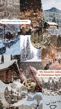 a collage of photos with snow falling on them and the words, my favorite color is christmas lights