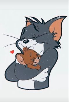 a drawing of a cat hugging a squirrel