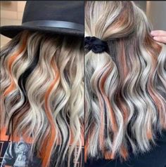 Blonde With Hidden Color, Black Orange Blonde Hair, Halloween Hair Color Ideas For Blondes, Dramatic Hair Colors, Dramatic Hair, Hair Color Unique, Bow Clip, Halloween Hair