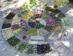 a circular garden design made out of various types of stones