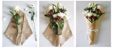 three pictures of flowers tied to burlocks and wrapped in brown paper with ribbon