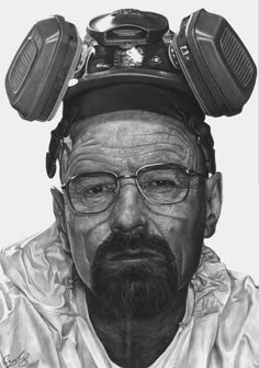 a black and white drawing of a man with glasses on his head wearing a helmet