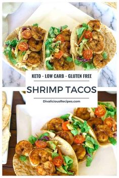 shrimp tacos with lettuce and tomatoes on top