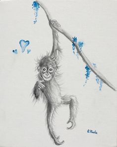 a drawing of a monkey hanging from a tree branch