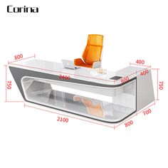 an office desk with orange chairs and measurements for the top half, side by side