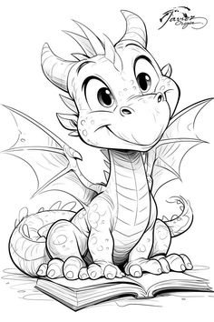 a cartoon dragon sitting on top of an open book