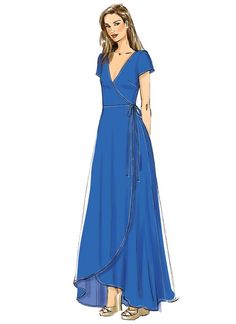 a drawing of a woman in a long blue dress with an open back and side slit