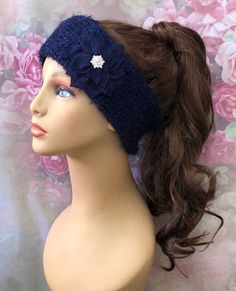 "⛄️⛄️⛄️ READY TO SHIP ⛄️⛄️⛄️ ❄️This women's ear warmer is hand knit in soft chunky Acrylic yarn. It is a beautiful Navy Blue color. It is adorned with a flat Navy fabric flower, in the center is a rhinestone button. This ultra cozy yarn is extremely soft. ☃️This headband would make the perfect gift! ❄️This headband will be super cute and fashionable for the colder weather. The head warmer measures 20\" and stretches to 26\" comfortably. It is 3 inches wide. 💜Care instructions: Hand wash in cold Adjustable Crochet Headband For Winter, Knitted Headband One Size Fits Most, Hand Knitted One Size Headband, Knitted Winter Headband, Headband Knit, Head Warmer, Vintage Style Hat, Winter Headband, Knit Headband