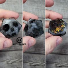 three different views of a black and yellow rock