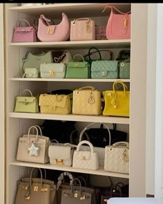 a closet filled with lots of purses and handbags on top of white shelves