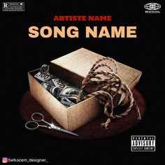 the album cover for artist name song name with scissors and money in a wooden box