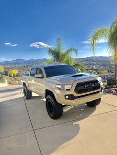 a silver toyota truck parked in front of a palm tree with mountains in the background